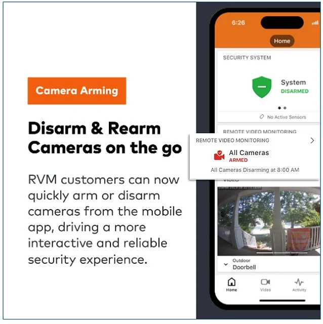 Mobile app interface for security system, showing disarmed status and camera control options.