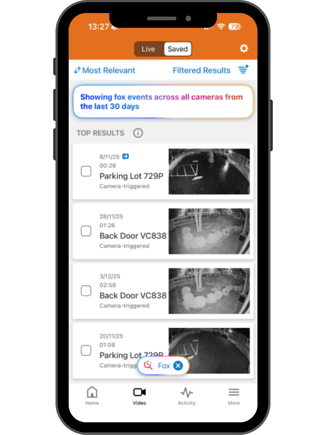 Smartphone screen displaying security camera footage from parking lots and a back door, organized in a list with timestamps and labels, showing black and white surveillance images.