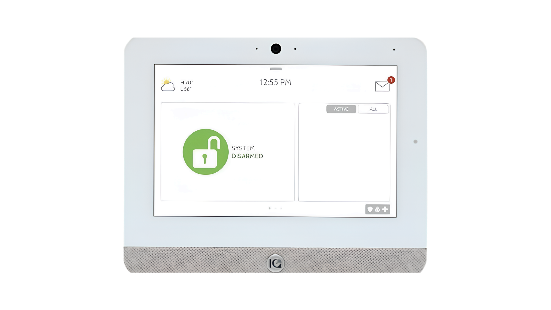 A white security system control panel with a touchscreen displaying a message 'System Disarmed' and an unlocked padlock icon. The screen shows the time 12:55 PM and weather forecast. The panel has a small camera, indicator lights, and a speaker at the top, with a textured metal bottom border.