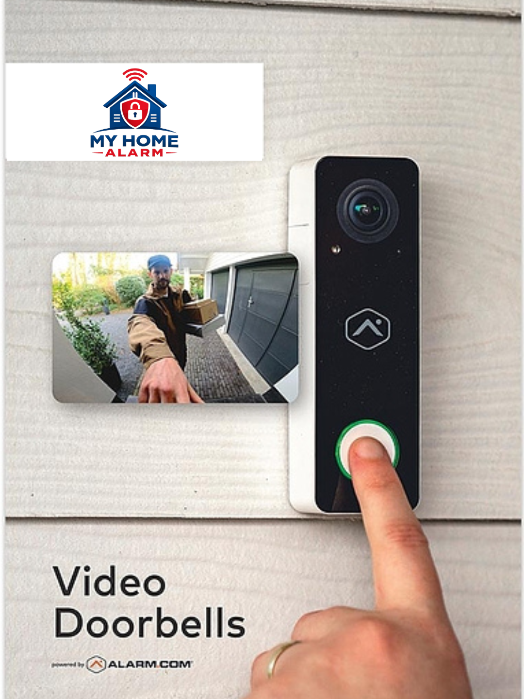A person about to press a button on a video doorbell with a photo of a delivery person coming to a house.