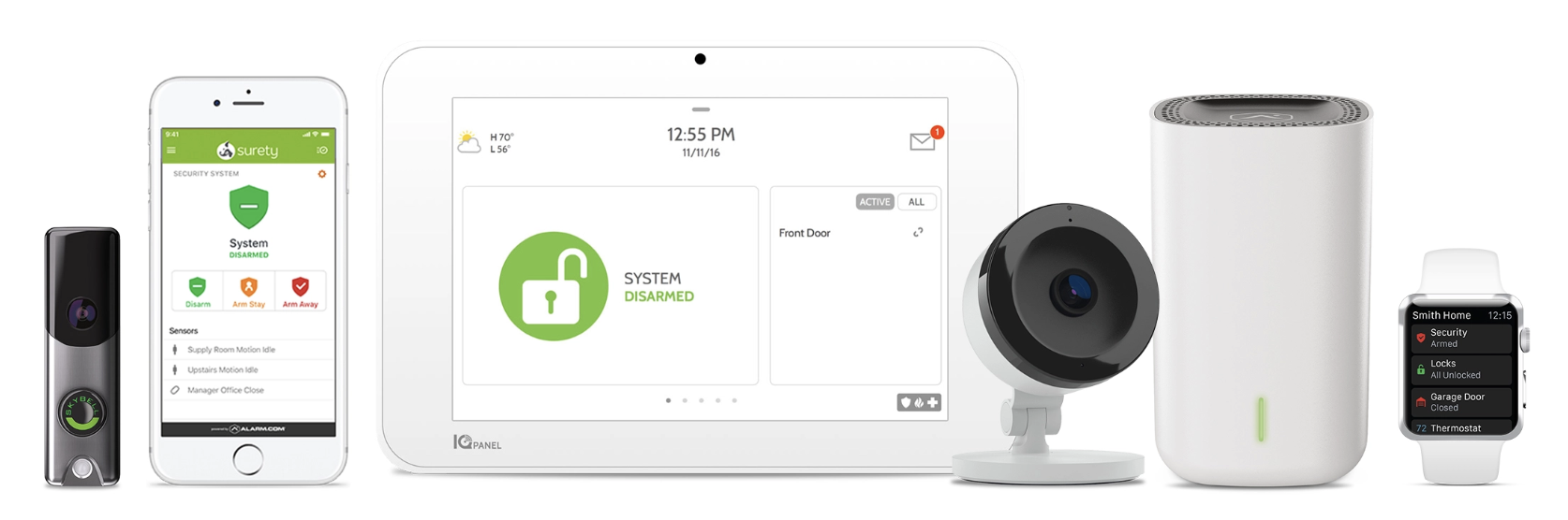 Smart home security devices including a doorbell camera, a mobile phone showing security system status, a tablet, a security camera, a smart speaker, and a smartwatch display of security system status.