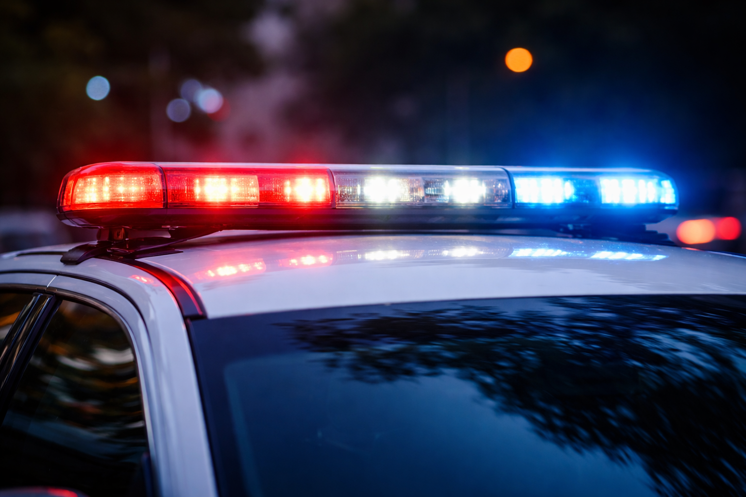 Close-up of police car emergency lights flashing red and blue at night.