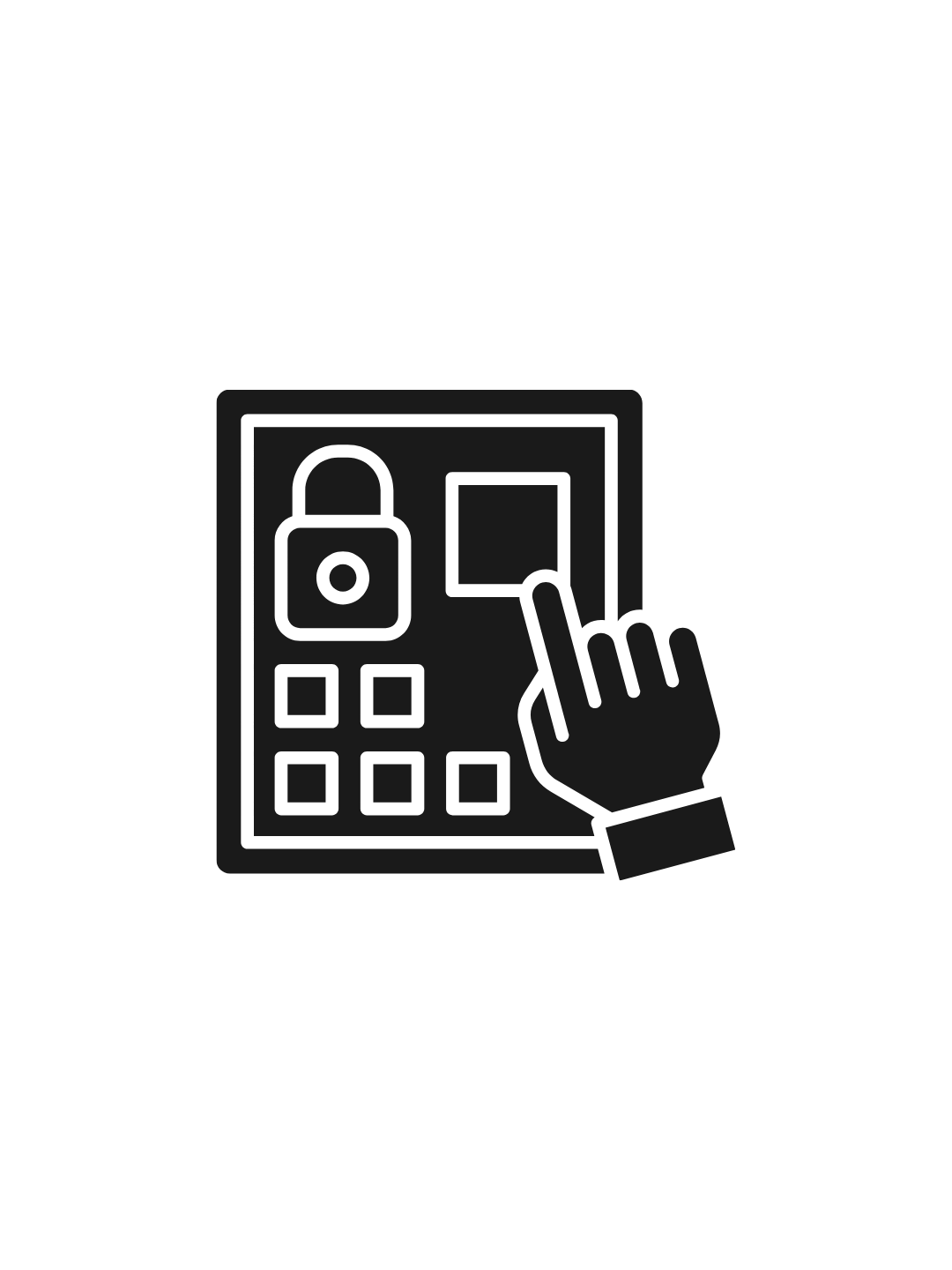 Black and white illustration of a hand tapping a square button on a device with a lock icon and a keypad.