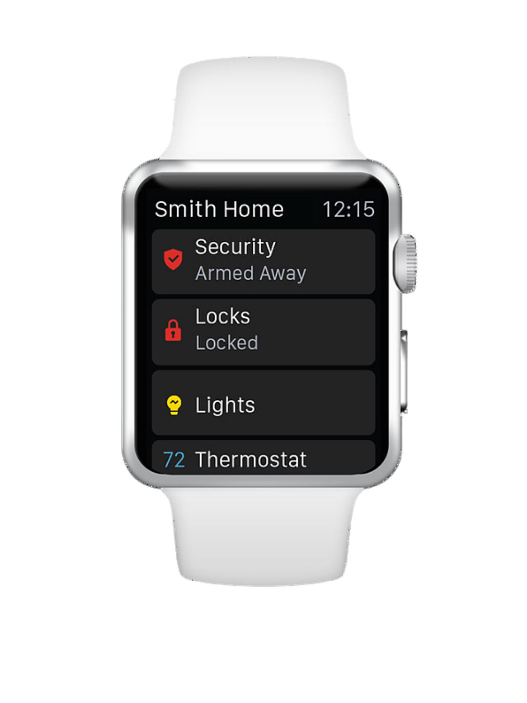 Apple Watch display showing smart home control interface with status for security, locks, lights, and thermostat, on a black background with white band.