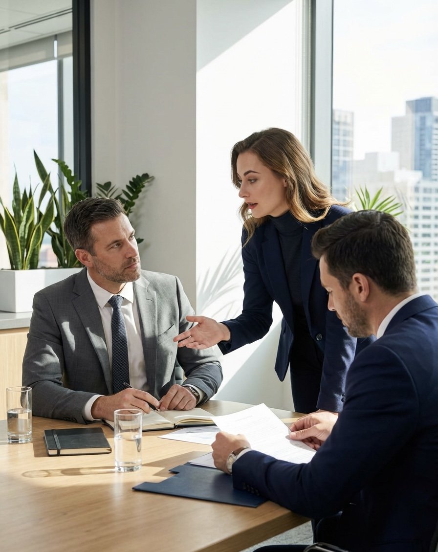 A woman is standing and talking to two seated men in a modern office with large windows and city buildings outside. The men are listening, and there are papers, notebooks, and glasses of water on the table.