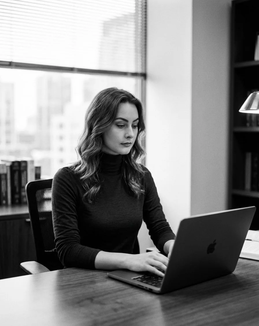 A woman with wavy hair sitting at a desk working on a laptop in an office with bookshelves and a window with blinds.