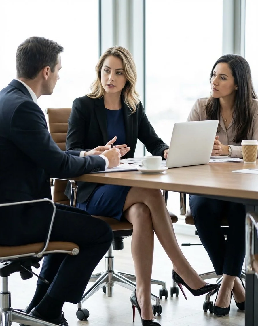 Three business professionals, two women and one man, sitting at a conference table having a discussion in an office with large windows.