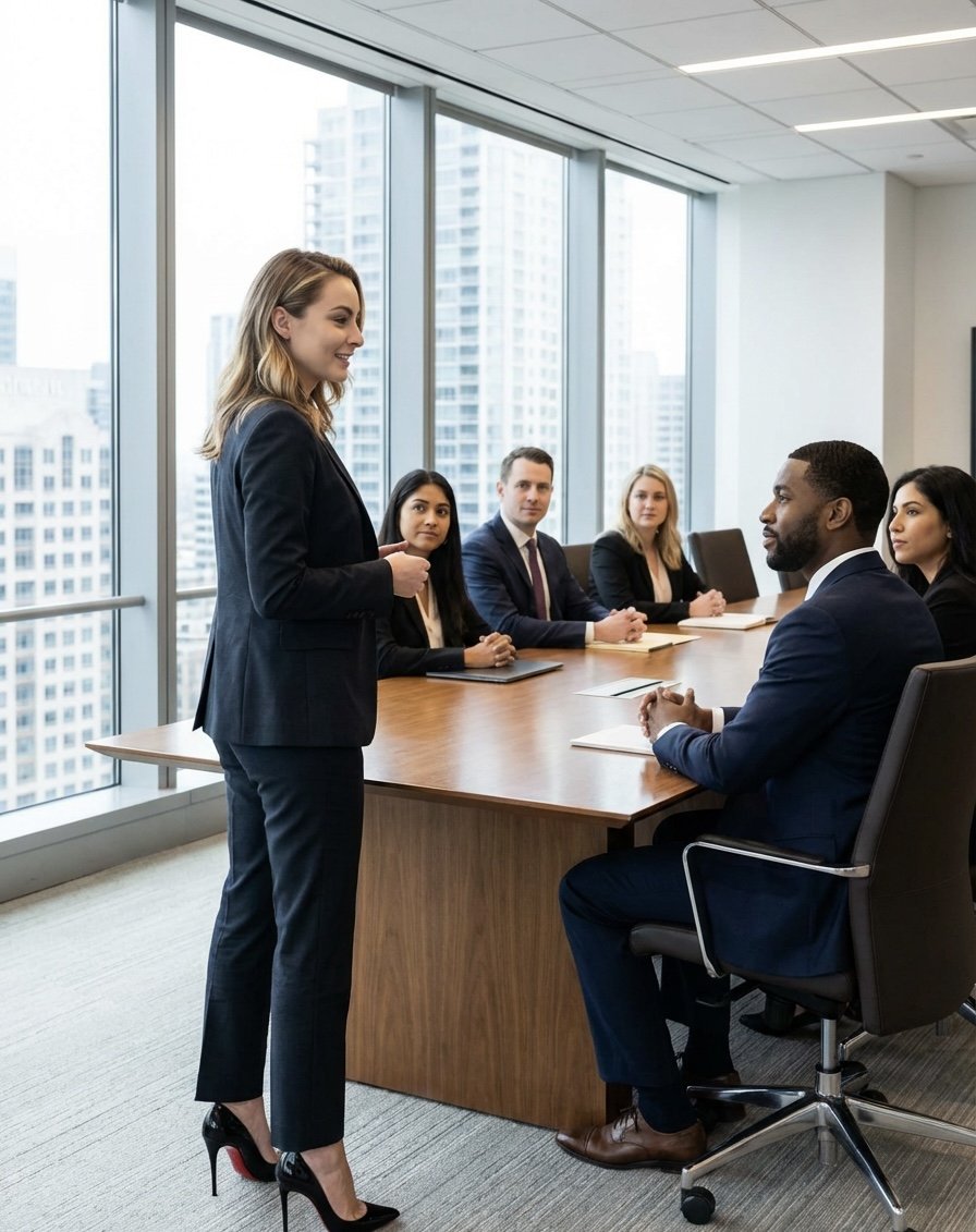 A woman in a dark suit is standing and speaking to a group of five seated professionals in a modern, high-rise office conference room with floor-to-ceiling windows and cityscape views.