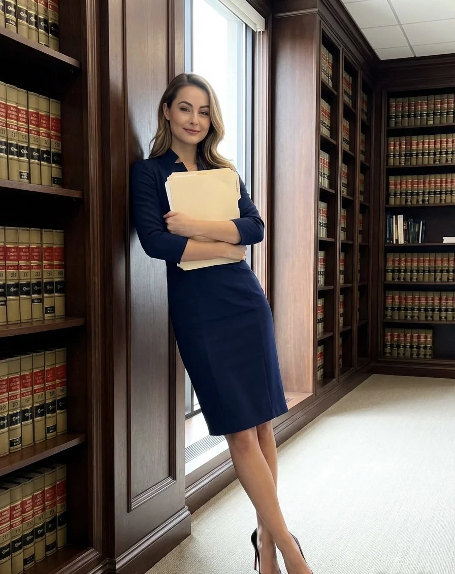 A woman in a blue business dress holding folders, standing by a bookshelf in a law library.