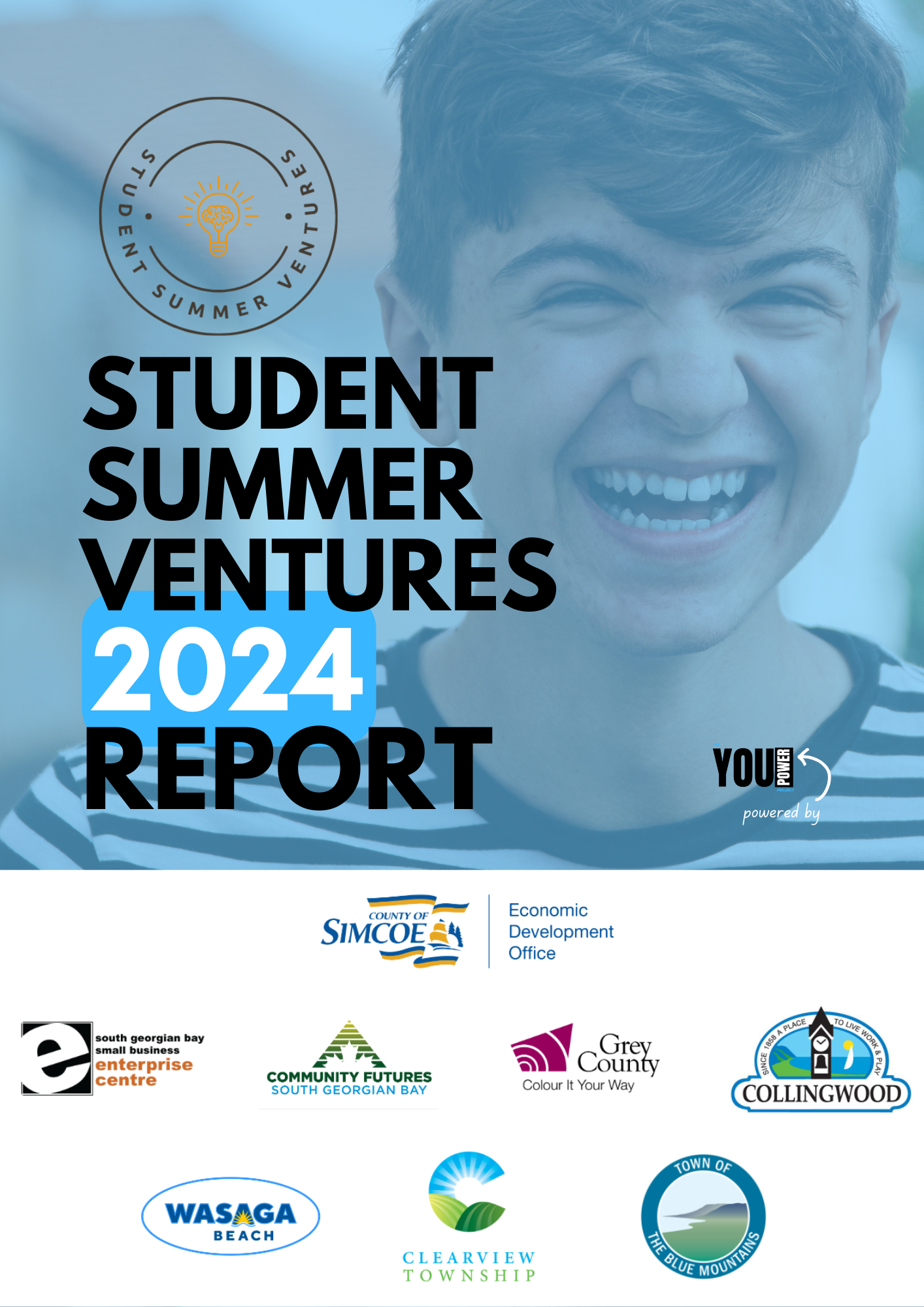 Cover page of the 2024 Student Summer Ventures report featuring a happy young man with short brown hair, wearing a striped shirt, and all logos of associated organizations at the bottom.