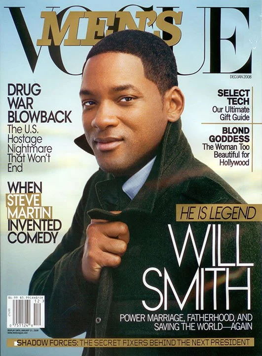Cover of Vogue magazine featuring Will Smith, December 2008 issue. The cover includes headlines about topics like drug war, a tribute to Steve Martin, tech gift guide, and profiles on blond women and Hollywood.