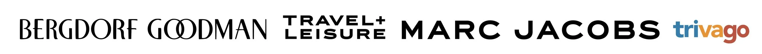 A logo displaying the names Bergdorf Goodman, Travel + Leisure, Marc Jacobs, and Trivago in various fonts and colors.
