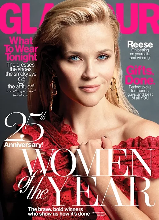 Glamour magazine cover featuring a woman with blonde hair and blue eyes, wearing a red off-shoulder dress, holding her arm with a confident expression. Headlines include 'What to Wear Tonight', 'Reese', and '25th Anniversary Women of the Year'.