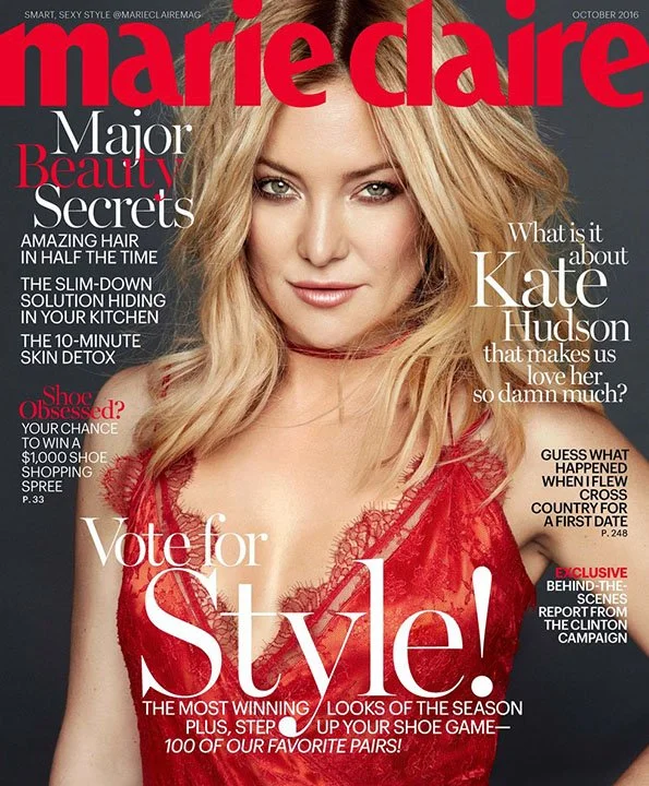 Cover of Marie Claire magazine, October 2016 issue, featuring a blonde woman with wavy hair in a red lace dress, with headlines about beauty secrets, Kate Hudson, shoe shopping, and style tips.