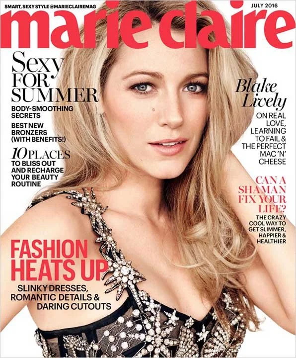 Cover of Marie Claire magazine featuring a young woman with wavy blonde hair and blue eyes, wearing a black dress with silver embellishments. The magazine cover has headlines about summer fashion, beauty tips, and lifestyle.