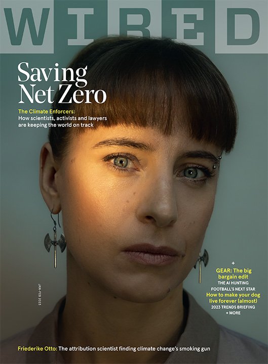 Close-up of a young woman with dark hair and earrings, on the cover of Wired magazine with the headline 'Saving Net Zero'.