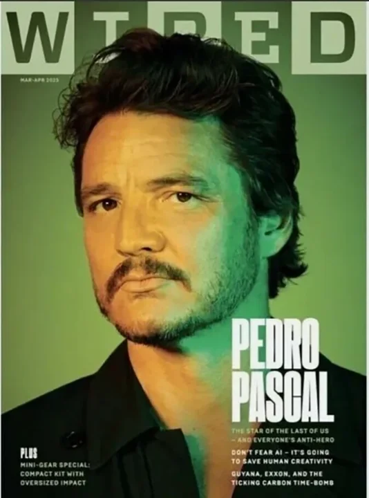 Magazine cover featuring Pedro Pascal with a green background, wearing a black top, with text highlighting his role in 'The Last of Us' and a mini gear special.