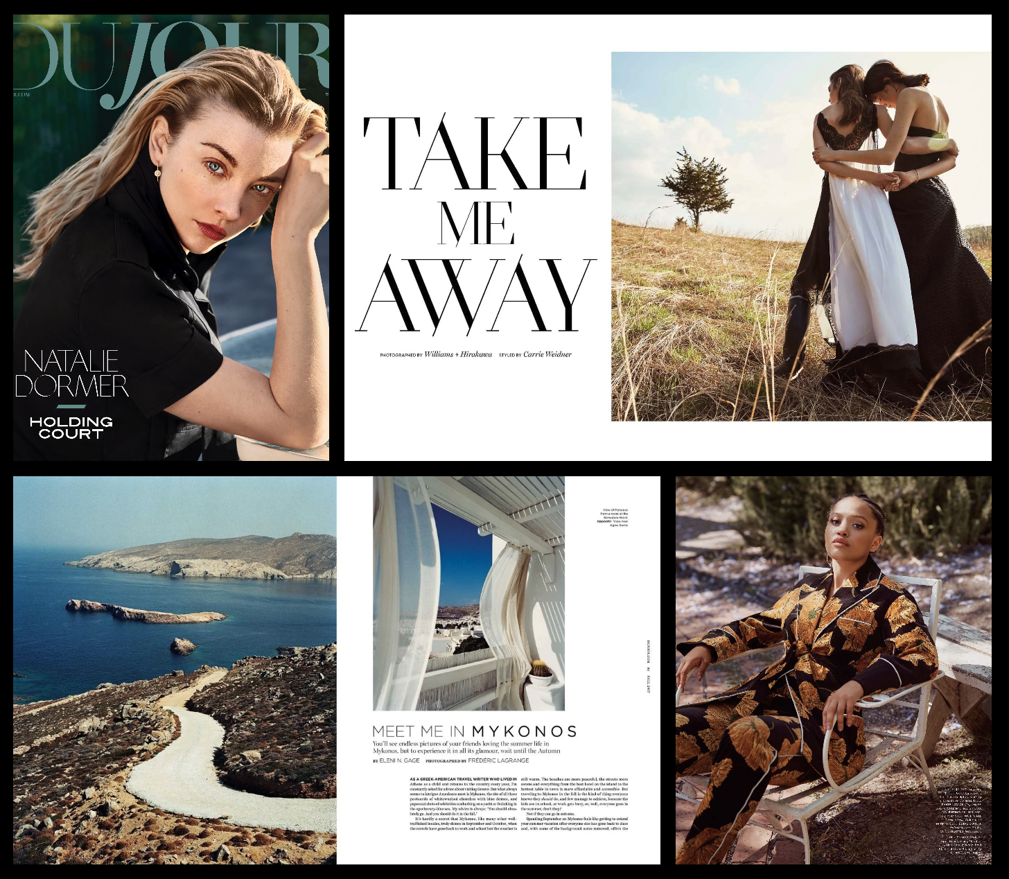 Collage of fashion magazine pages featuring models and landscapes. Top left: woman with blonde hair in black outfit. Top right: two women in dresses embracing outdoors. Bottom left: coastal landscape with rocky hills. Bottom center: window with white curtains overlooking sea. Bottom right: woman in leopard print outfit seated outside.
