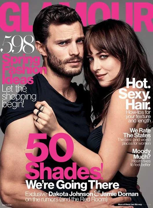 Cover of Glamour magazine featuring a man and woman embracing, with headlines about fashion ideas, hair tips, and other topics.