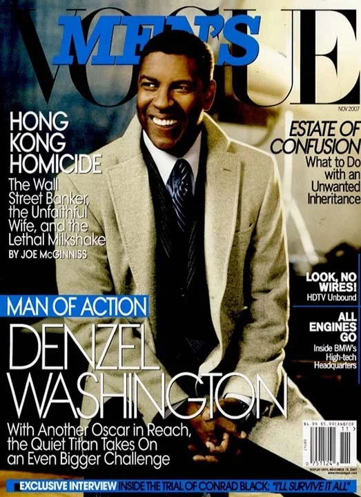 Cover of VU METALS magazine featuring Denzel Washington smiling in a beige suit and tie, with headlines about Hong Kong homicide, estate of confusion, and an exclusive interview with Denzel Washington.