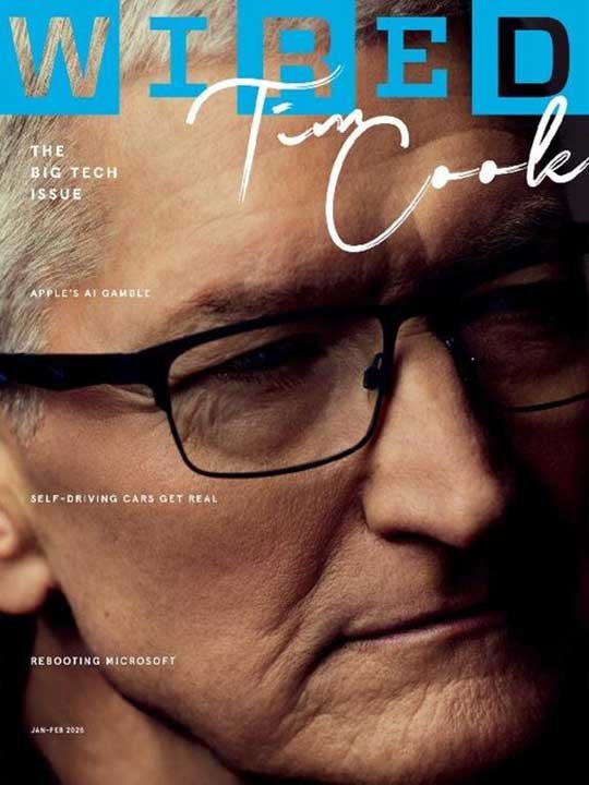 Close-up of a man's face wearing glasses, with magazine title 'WIRED' and the theme 'Talking Tech' on the cover. Include subheadings about big tech issues, AI gambles, self-driving cars, and Microsoft reboot.