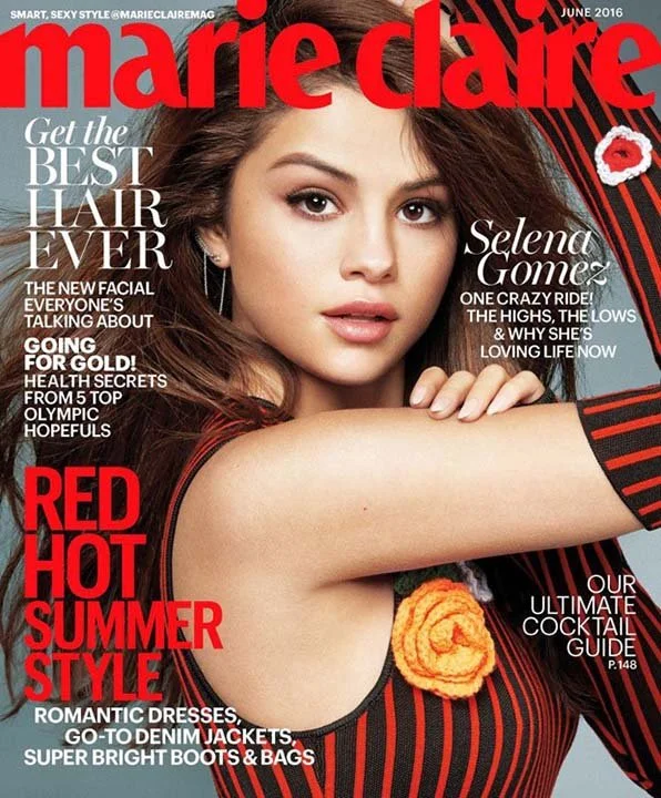 Cover of Marie Claire magazine June 2016 featuring Selena Gomez with long brown hair, wearing a red and black striped top, and a yellow decorative flower accessory on her chest. The cover highlights fashion tips, beauty advice, and an interview with 