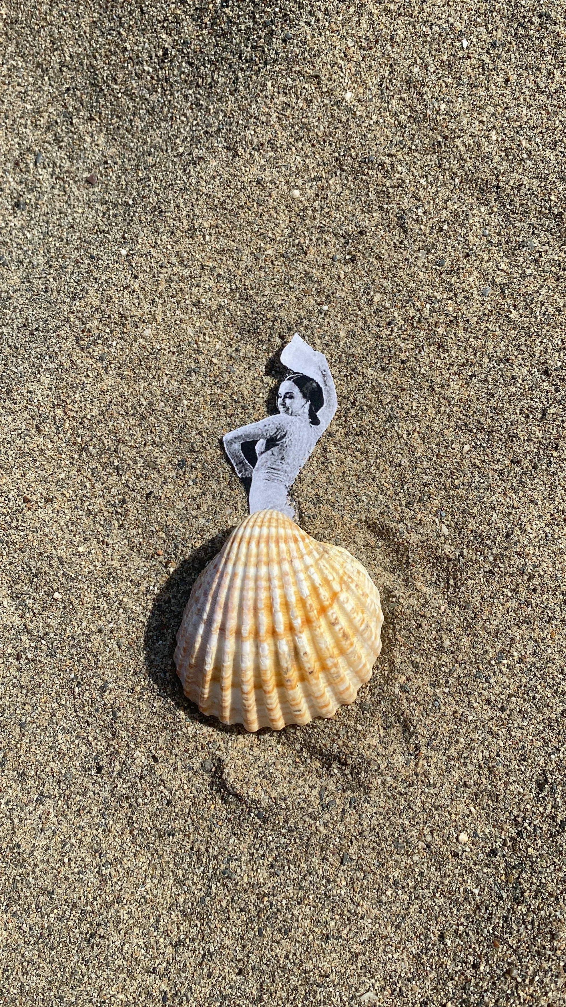 A seashell on the sand with a black-and-white cutout of a woman’s figure attached to it.