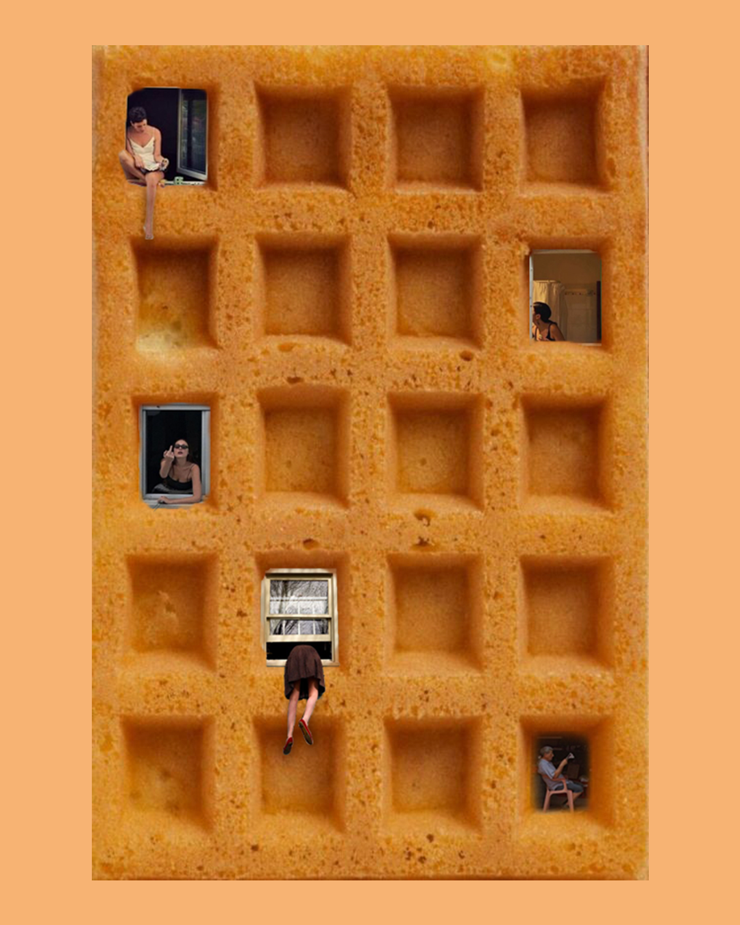 People sitting, standing, and leaning out of windows in a large, grid-like sponge.
