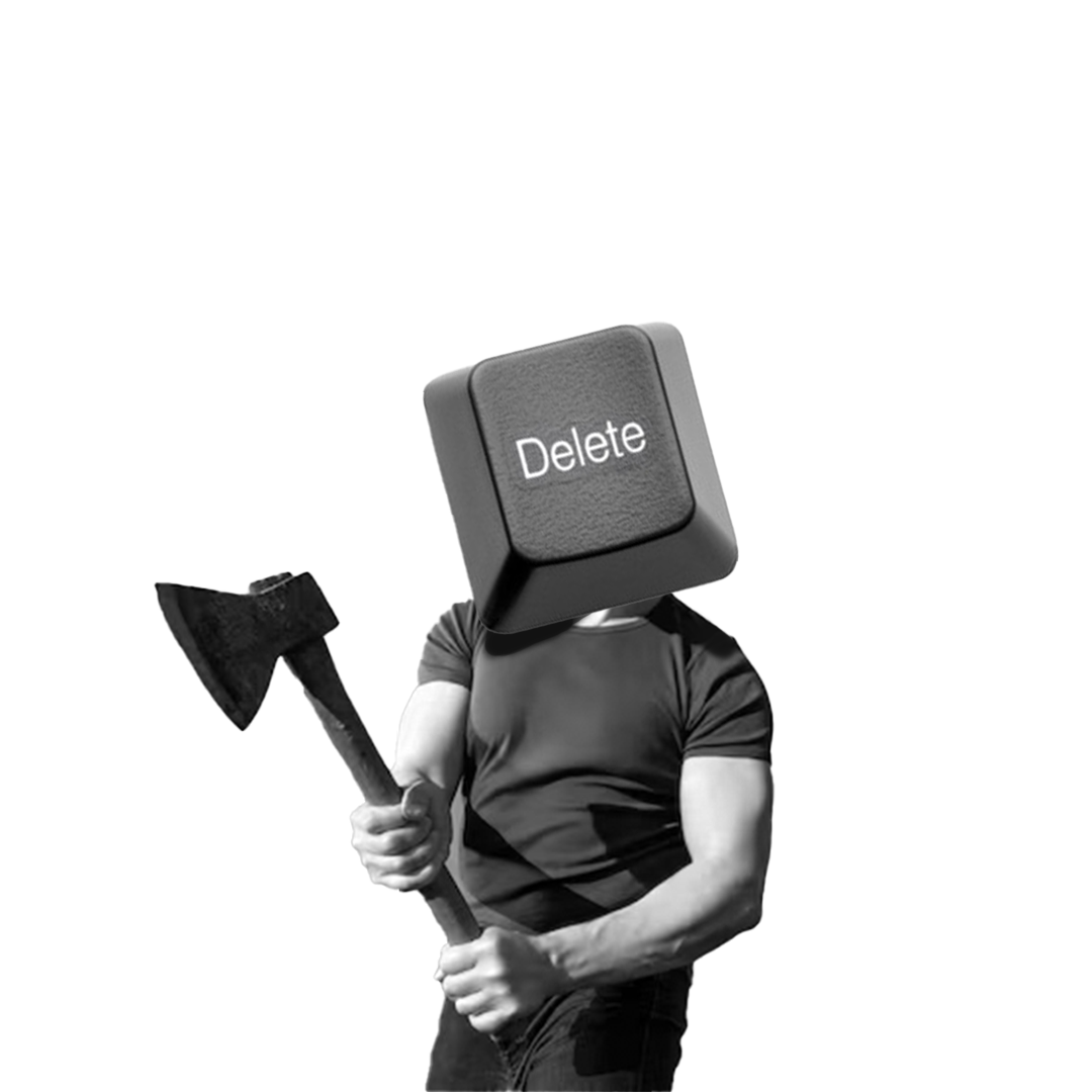 A person with a muscular arm holding an axe, has a computer keyboard key with the word 'Delete' as a head, and is standing against a plain background.