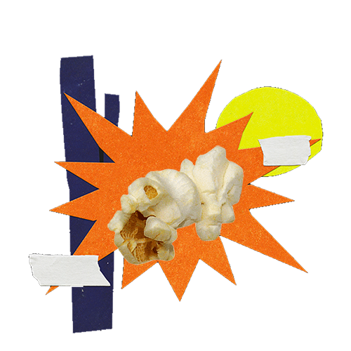 A popcorn kernel on an orange explosion graphic with a yellow circle and a pink shape in the background.