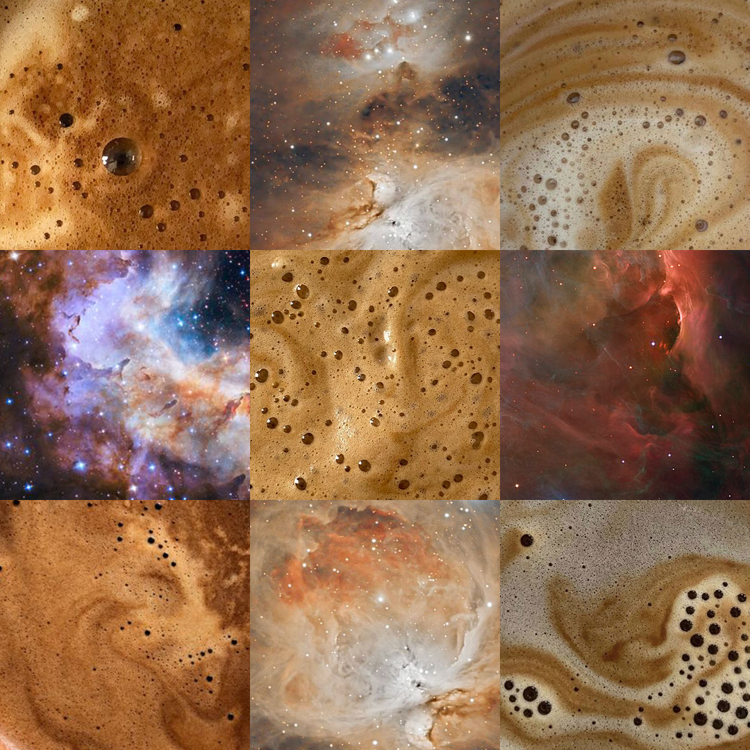 A collage of nine images featuring various nebulae, galaxies, and close-up shots of coffee foam with bubbles.