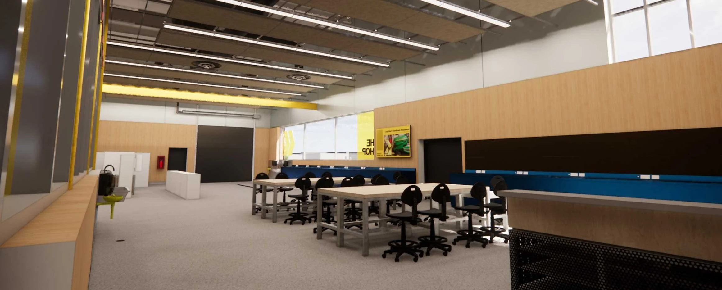 Modern office or coworking space with tables and chairs, large windows, a digital screen on the wall, and ceiling lights.