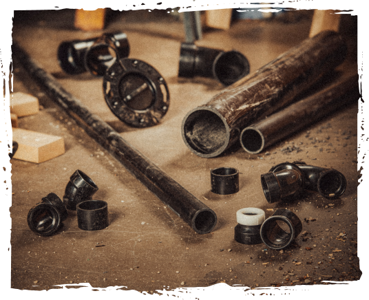 Disassembled plumbing pipes and fittings on a brown work surface.