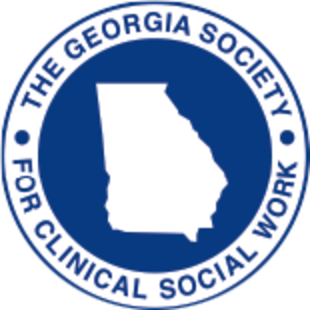 Logo of The Georgia Society for Clinical Social Work, featuring a blue circle with white text and an outline of the state of Georgia in the center.