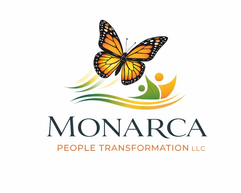 Monarca People Transformation Logo featuring a monarch butterfly hovering above abstract human figures and colorful swooshes, with the text 'Monarca People Transformation LLC'.