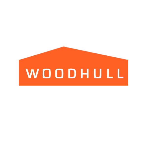 Woodhull logo with orange house-shaped background and white text