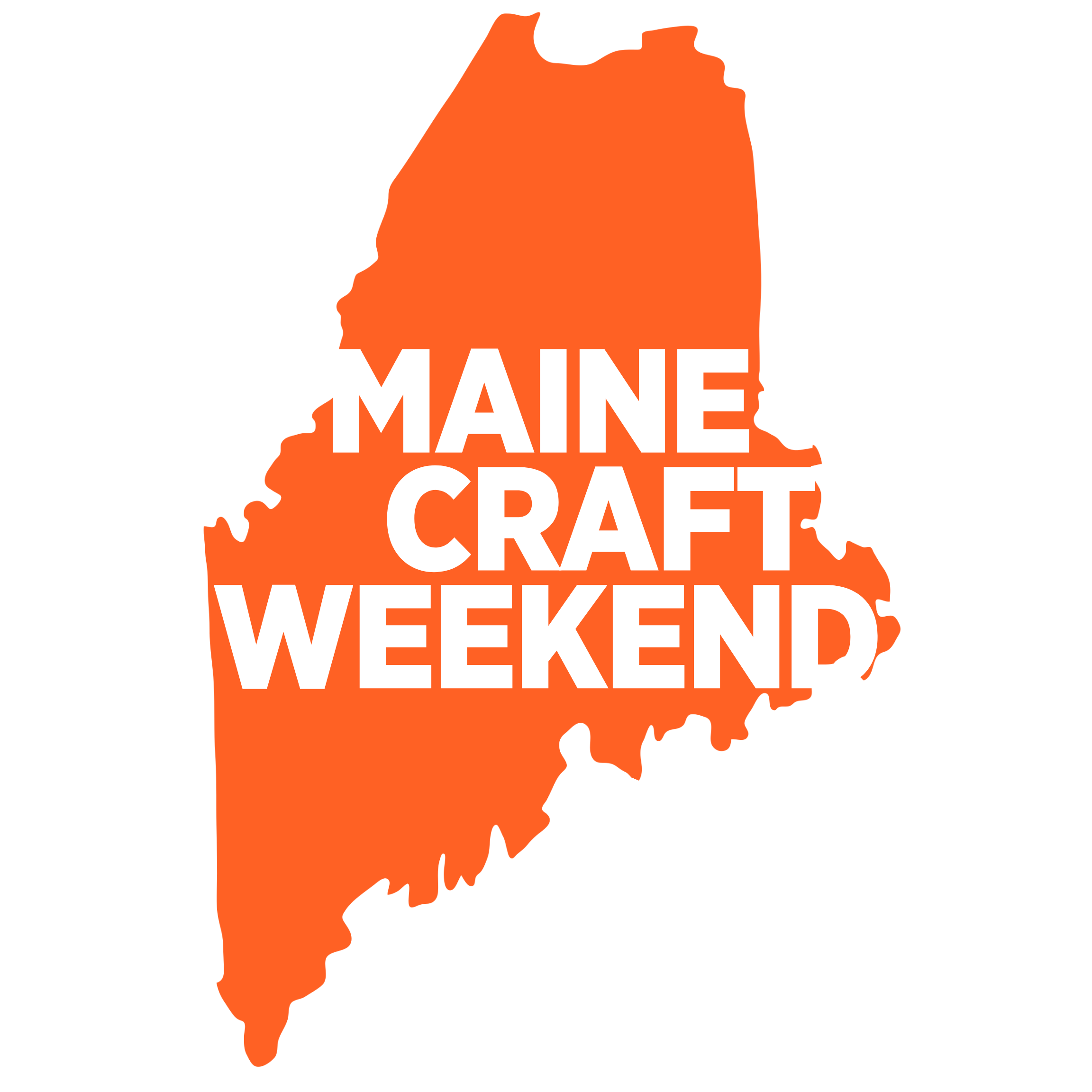 Outline map of Maine in orange with white text that reads "Maine Craft Weekend" across the middle.