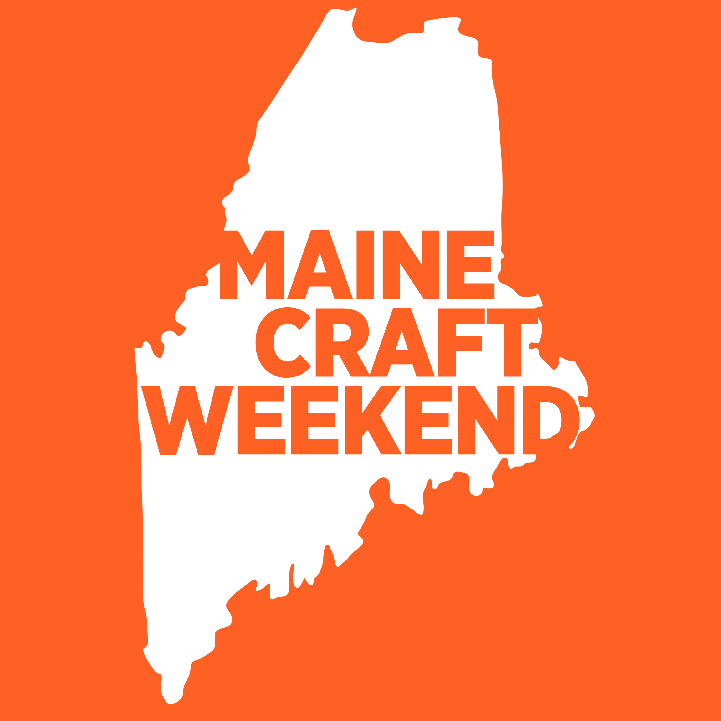 Graphic promoting Maine Craft Weekend with a white silhouette of the state of Maine on an orange background and orange text overlay.