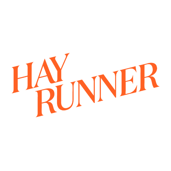 The logo of 'HAY RUNNER' in orange text at an angle.