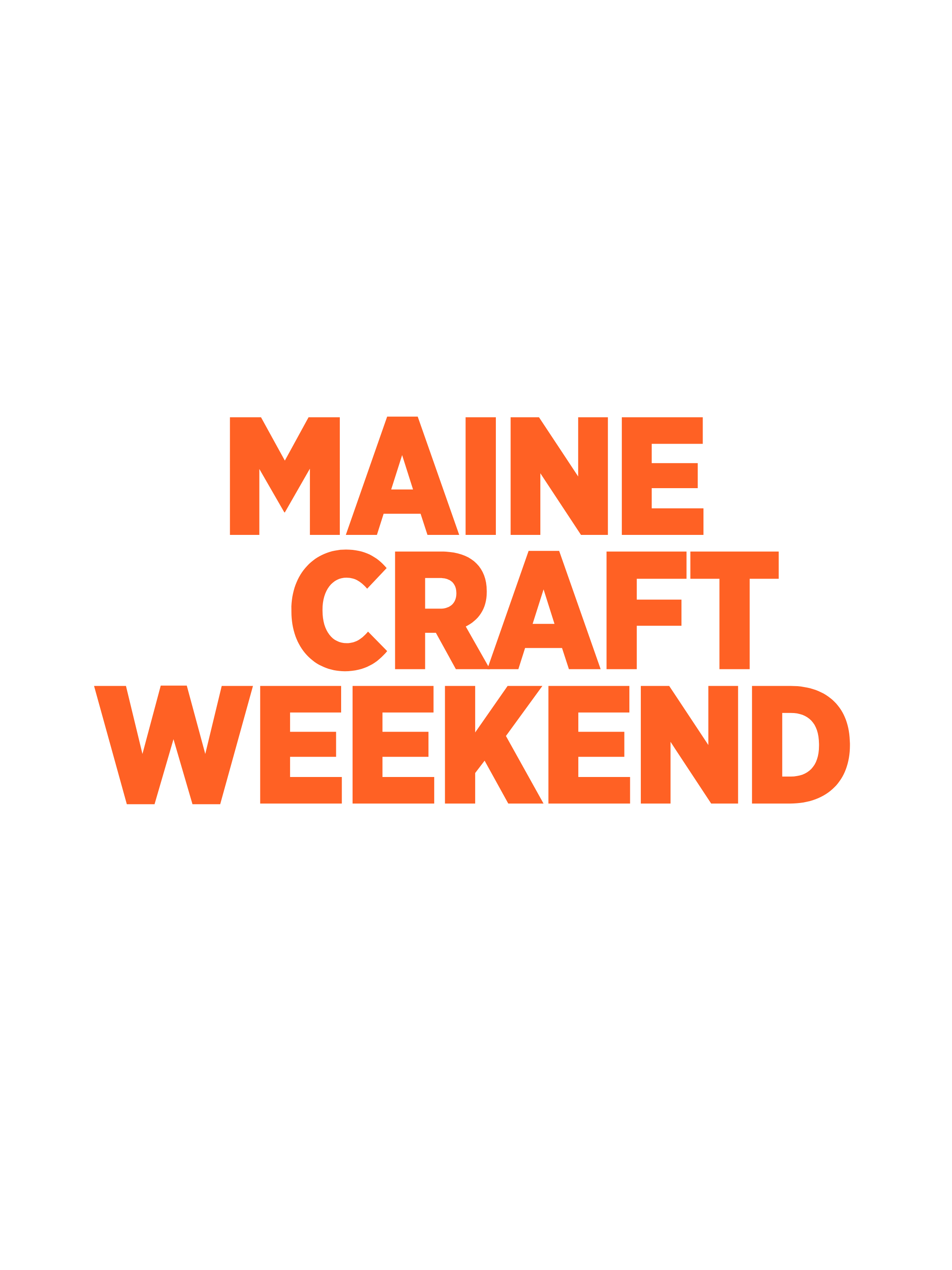 Silhouette of the state of Maine with overlaid text 'Maine Craft Weekend' in orange.