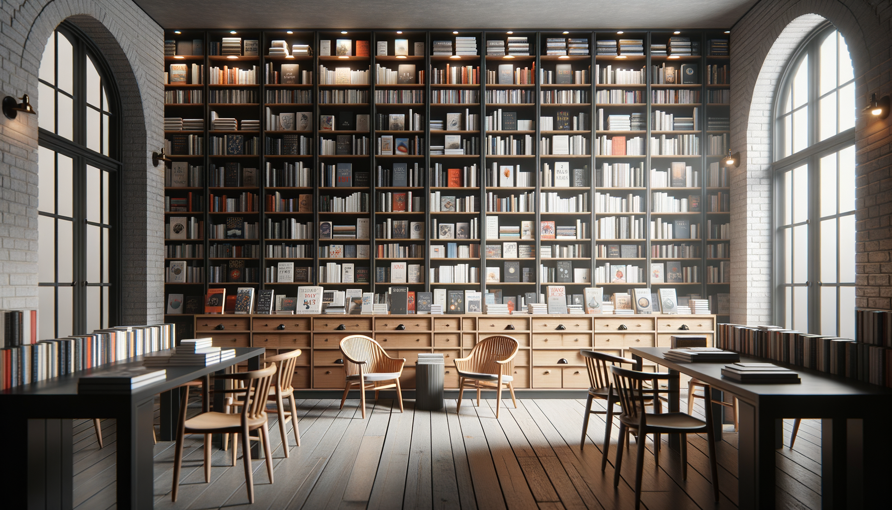 Interior of a modern library with large windows, a tall bookshelf filled with books, and wooden furniture including chairs and tables.