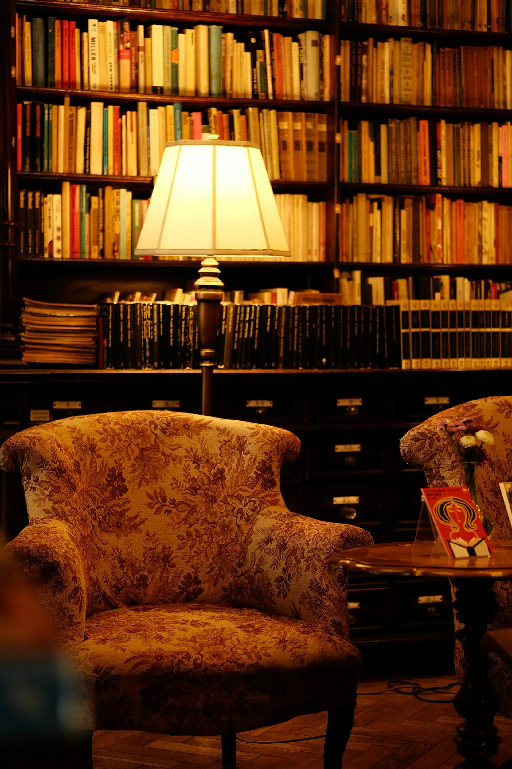 A cozy interior scene with a vintage floral-patterned armchair, a wooden table with a small plant, a lit table lamp, and a background of tall bookshelves filled with books.