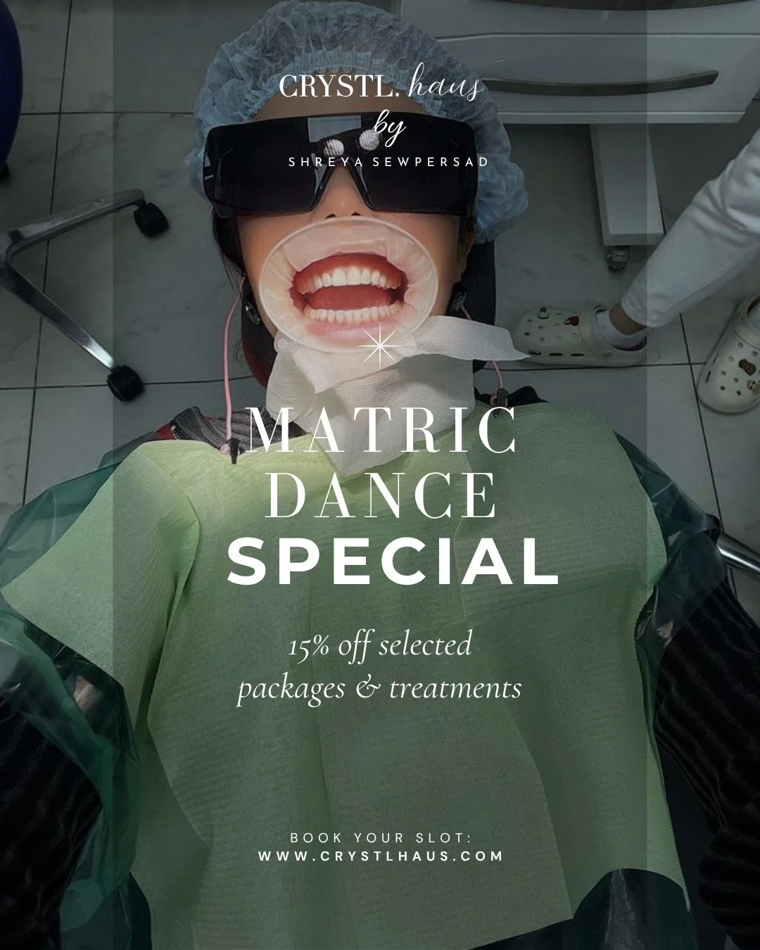 Matric Dance coming up? 
Message us now to book and get 15% off your whitening treatment or tooth gems!
You can also book online at www.crystlhaus.com