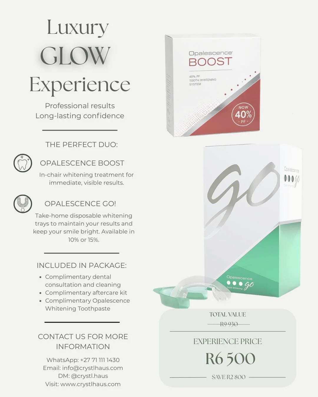 This premium package includes our Opalescence Boost in-chair whitening treatment together with Opalescence Go 10% or 15% take-home trays, allowing you to maintain and extend your whitening results comfortably at home.