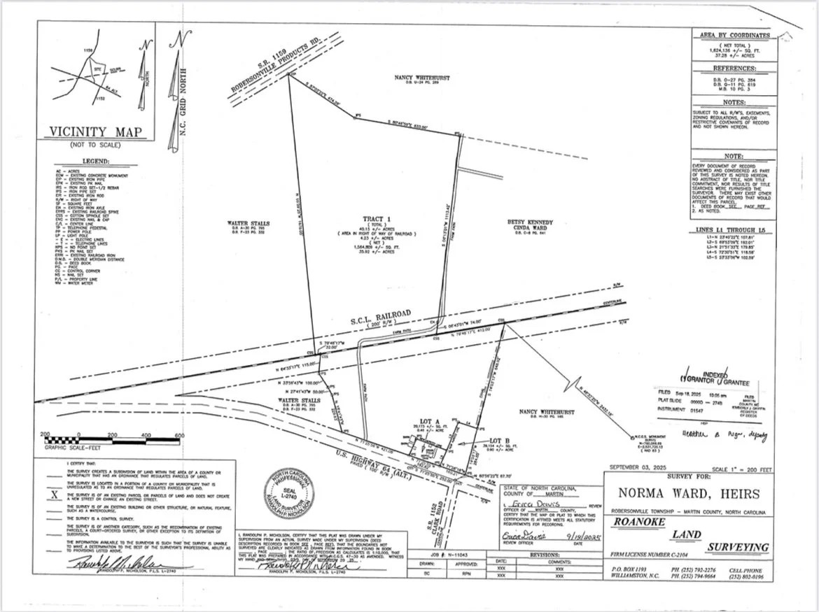 A detailed land survey map showing land plots, property boundaries, streets, and note sections, with a legend on the left explaining symbols and a north directional arrow in the top left corner.