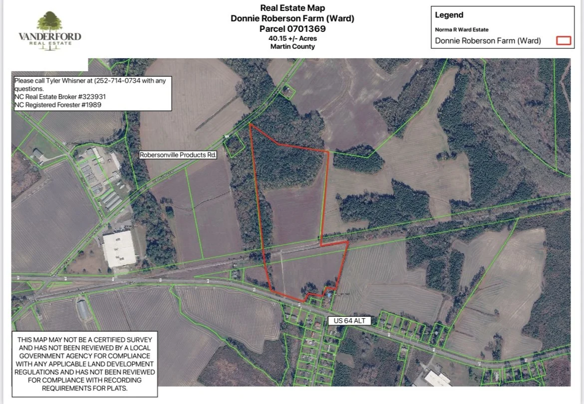 A real estate map of Donnie Roberson Farm in Martin County showing parcel boundaries, roads, and wooded areas with an outlined property boundary in red.