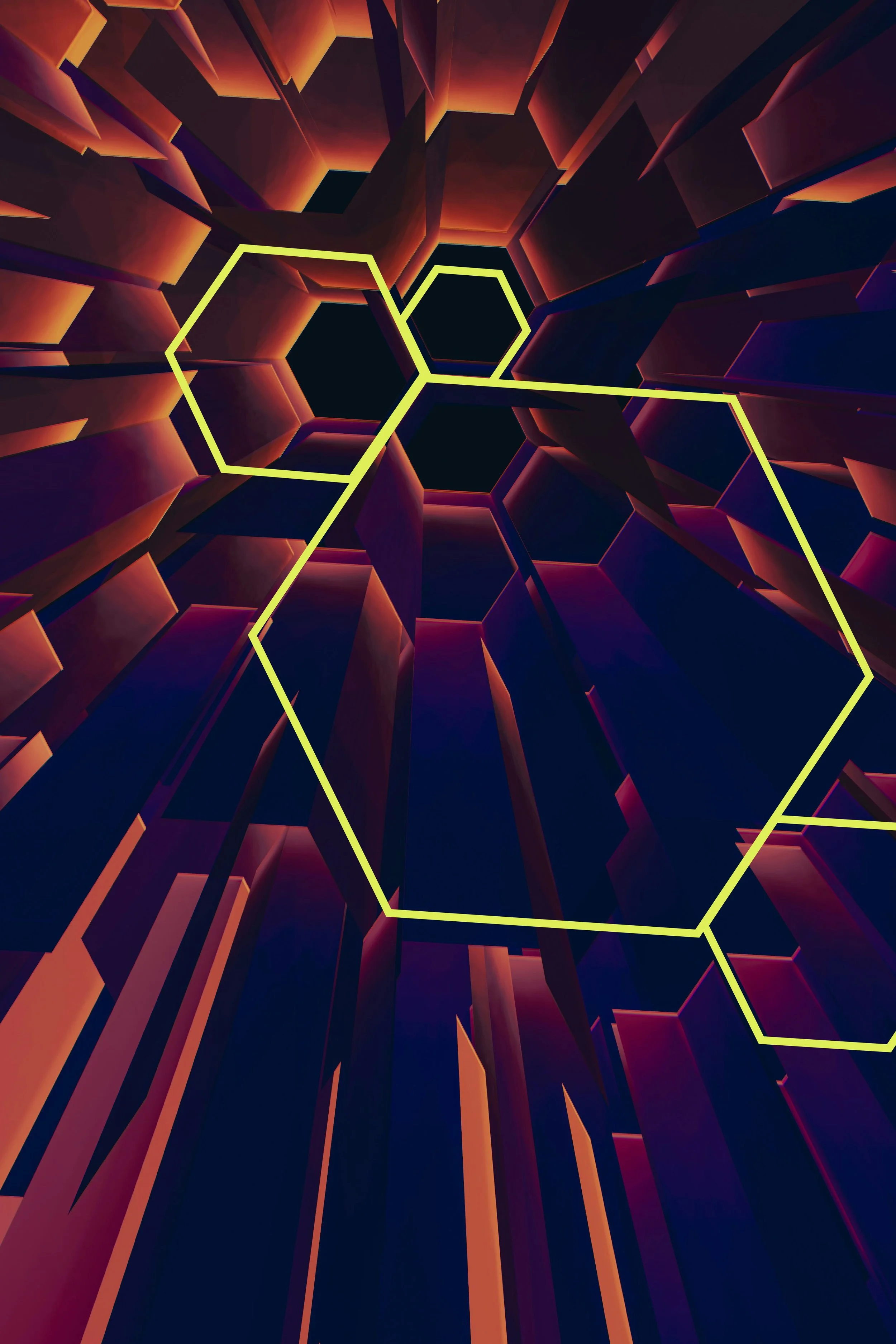 Digital artwork featuring a tunnel of glowing hexagons and geometric shapes in shades of orange, purple, and black, with a yellow outline of a larger hexagon overlay.