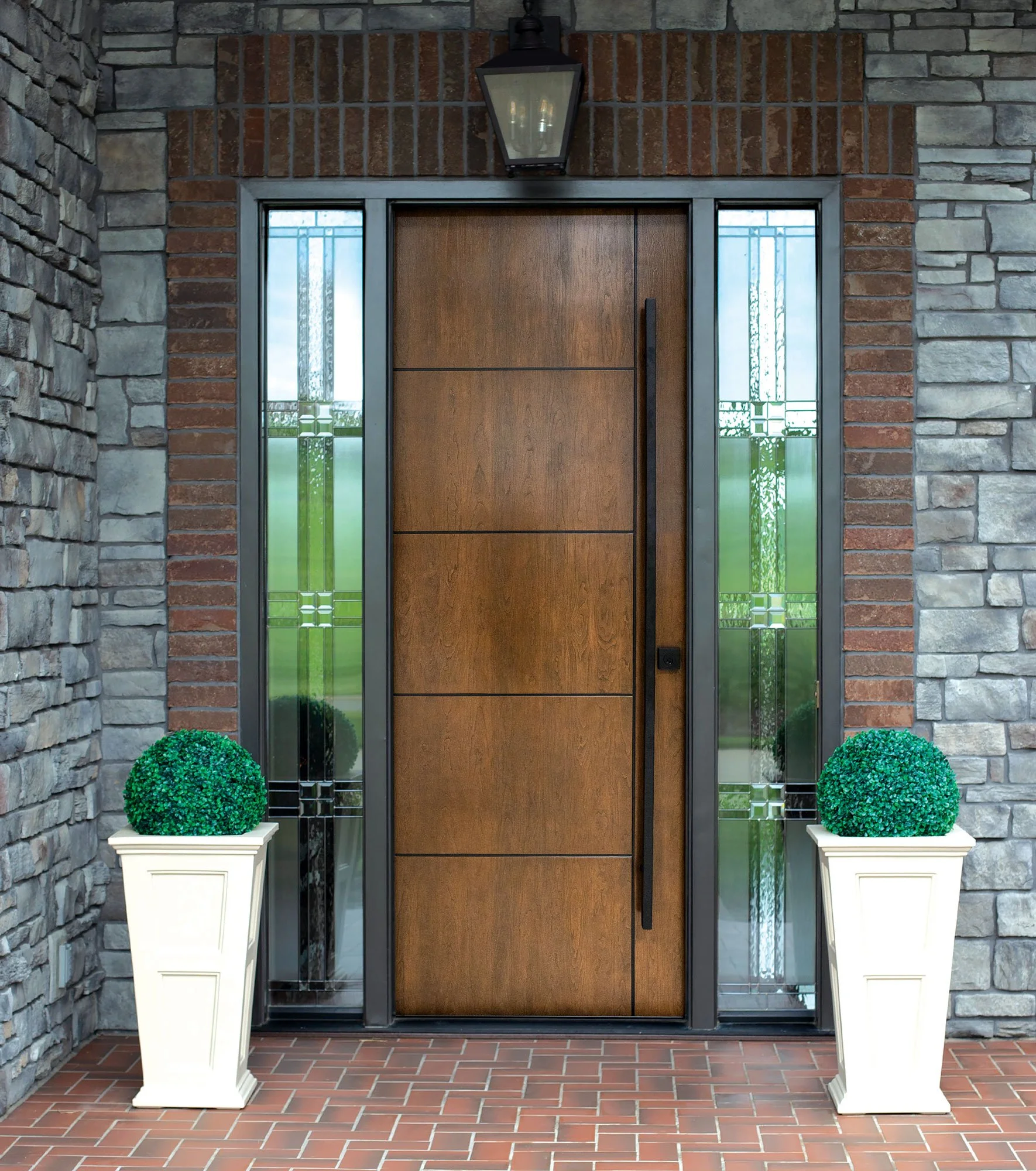 House with ProVia Signet 8 Foot Cherry Natural Bark stained inscribed Entry Door