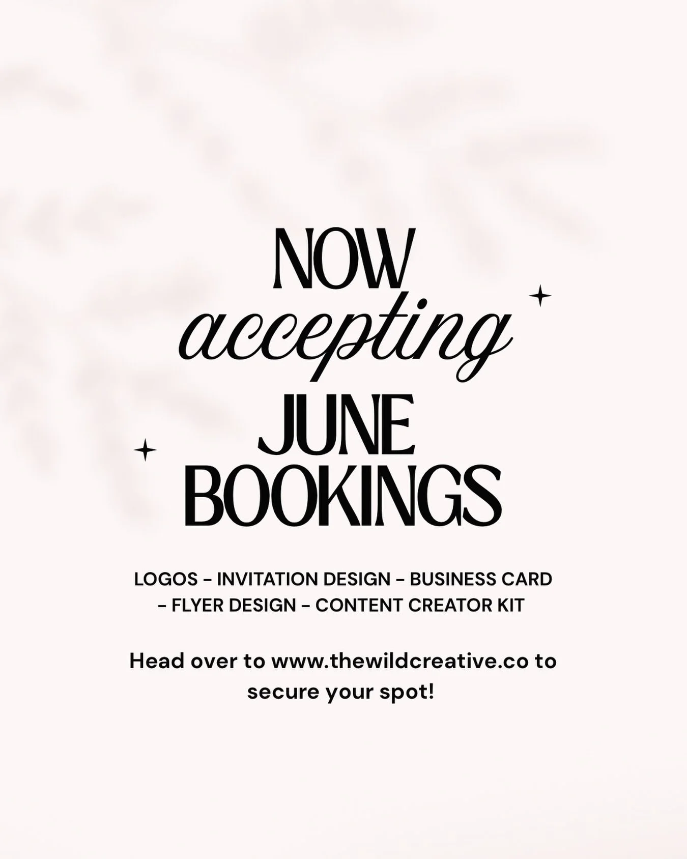 NOW ACCEPTING ✨
June bookings are officially open! 🤍

Whether you need a custom logo, invitation design, business cards, flyers, or a full content creator kit &mdash; The Wild Creative Co is here to bring your vision to life.

Secure your spot befor