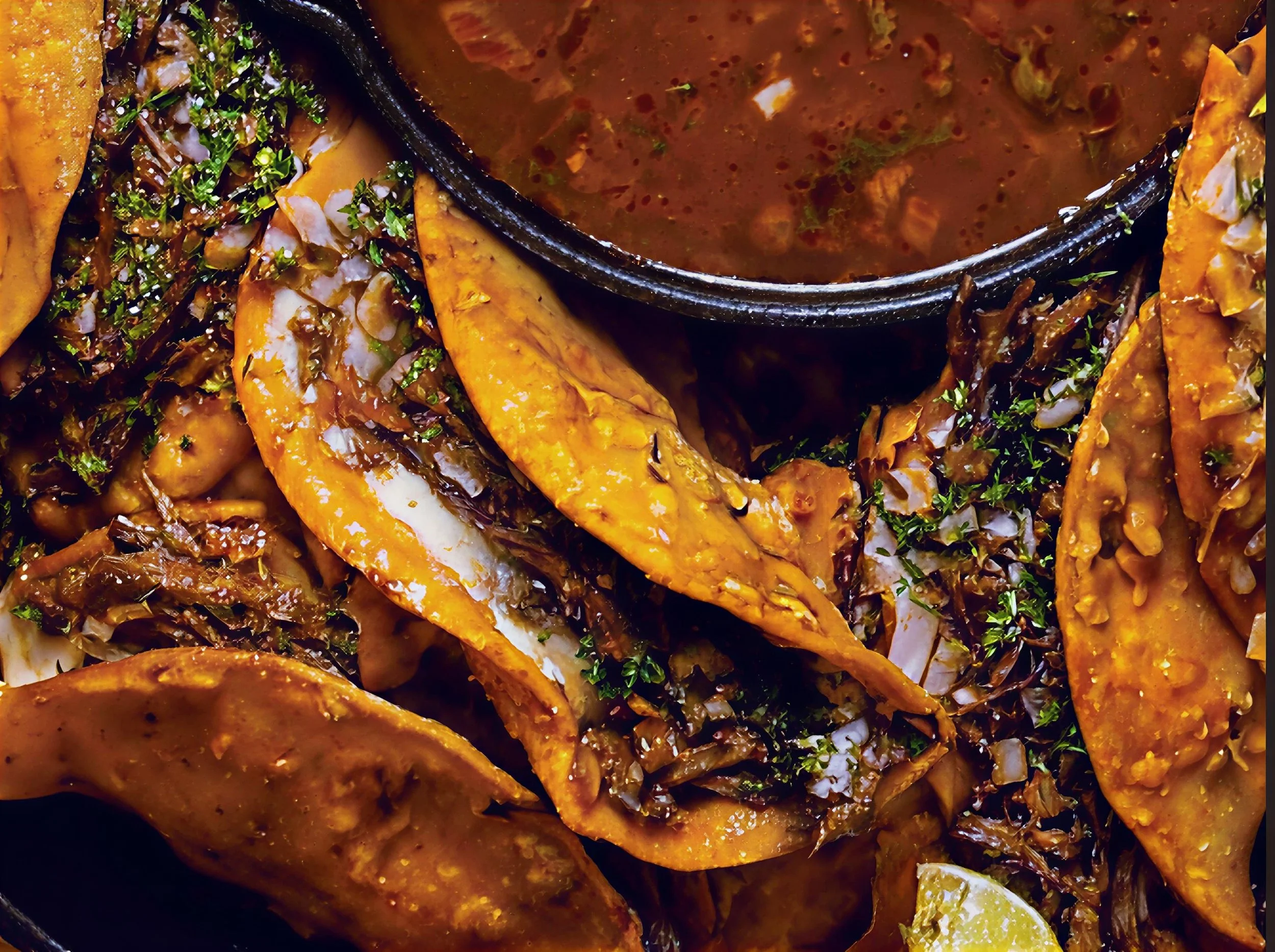Close-up of cooked taquitos topped with chopped herbs, served with a side of broth or sauce in a bowl.